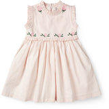 COPENHAGEN COLORS Dusty Rose W Cream Stripe Seersucker Dress W. Ruffles And Emb.
