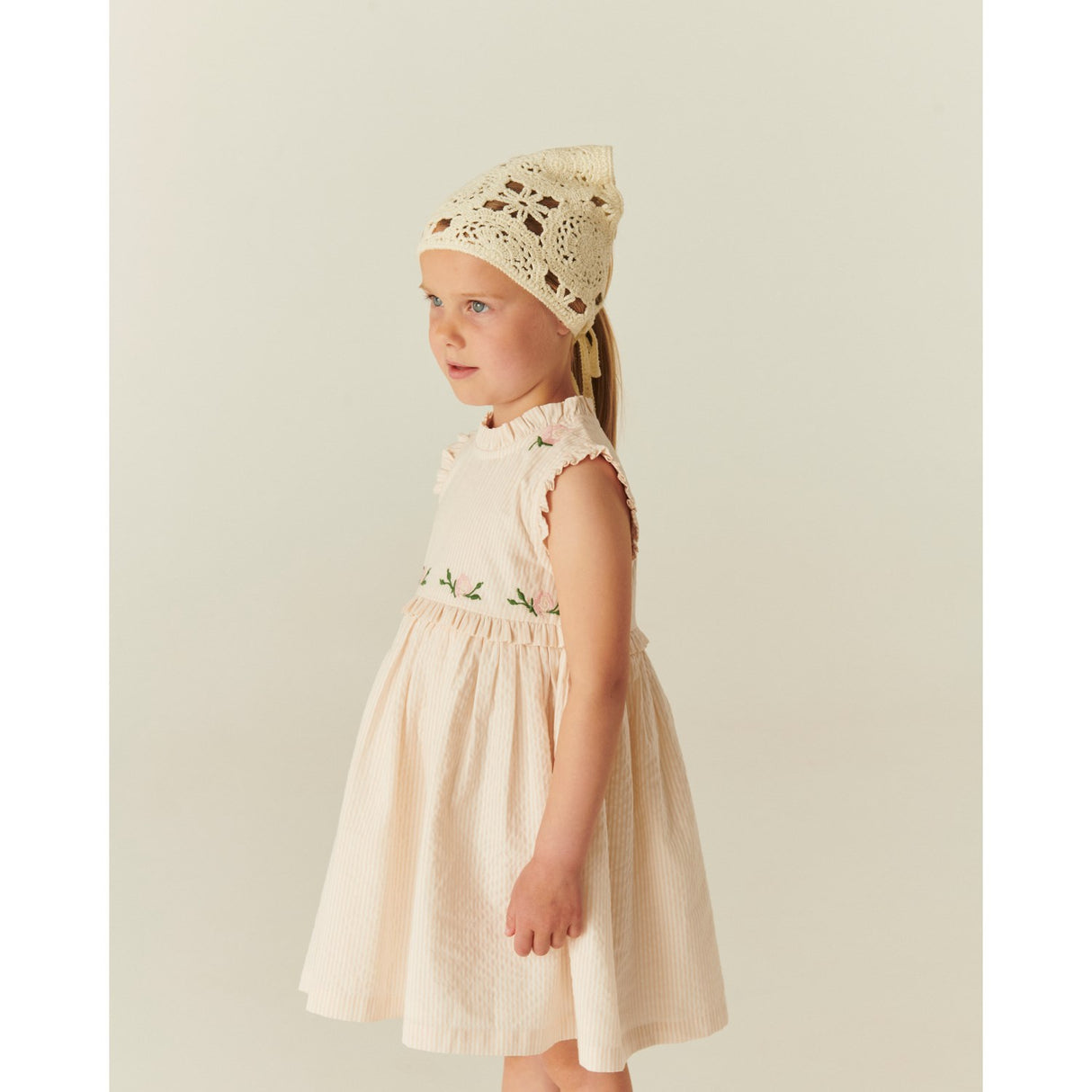 COPENHAGEN COLORS Dusty Rose W Cream Stripe Seersucker Dress W. Ruffles And Emb.