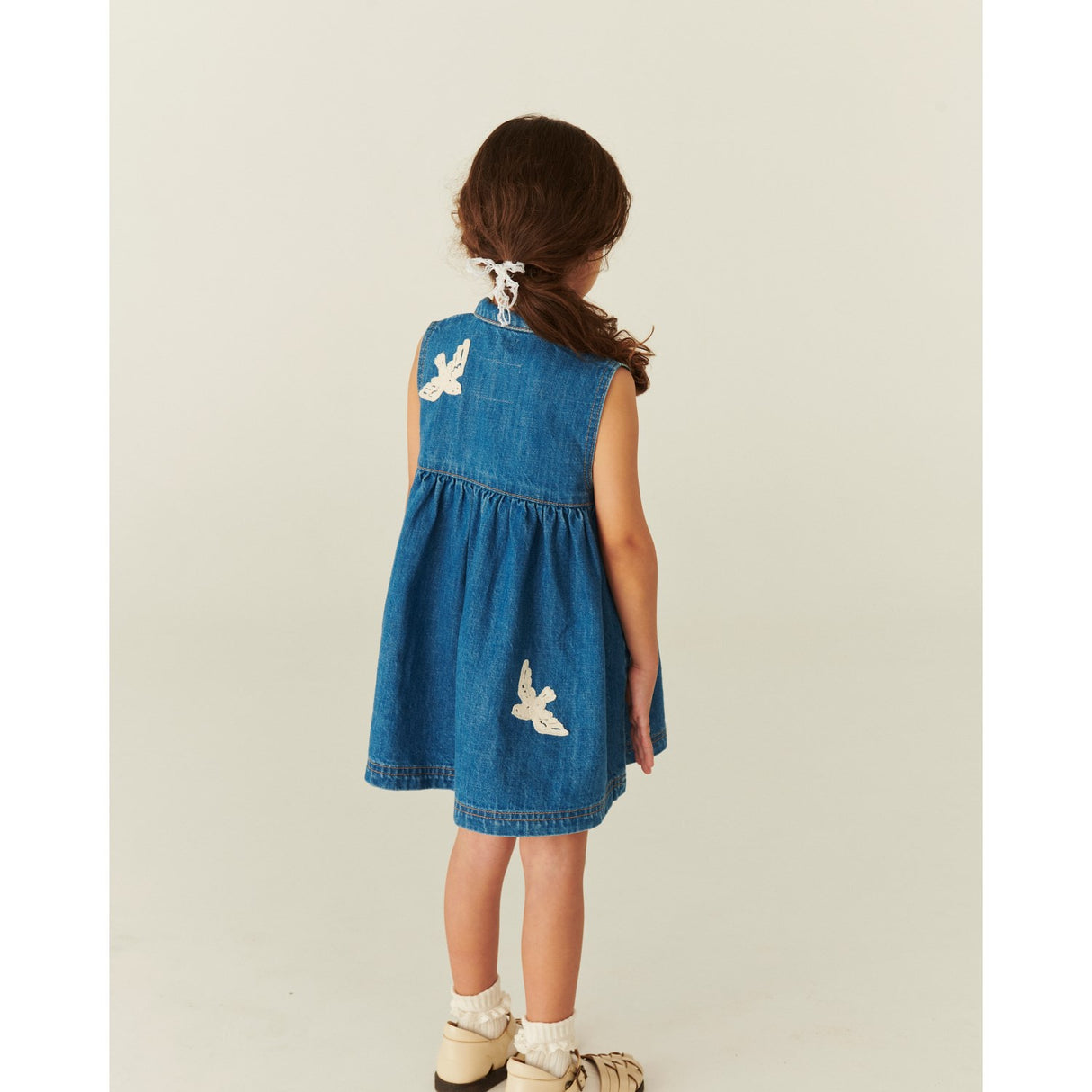 COPENHAGEN COLORS Indigo Blue Washed Denim Dress W. Crochet Doves