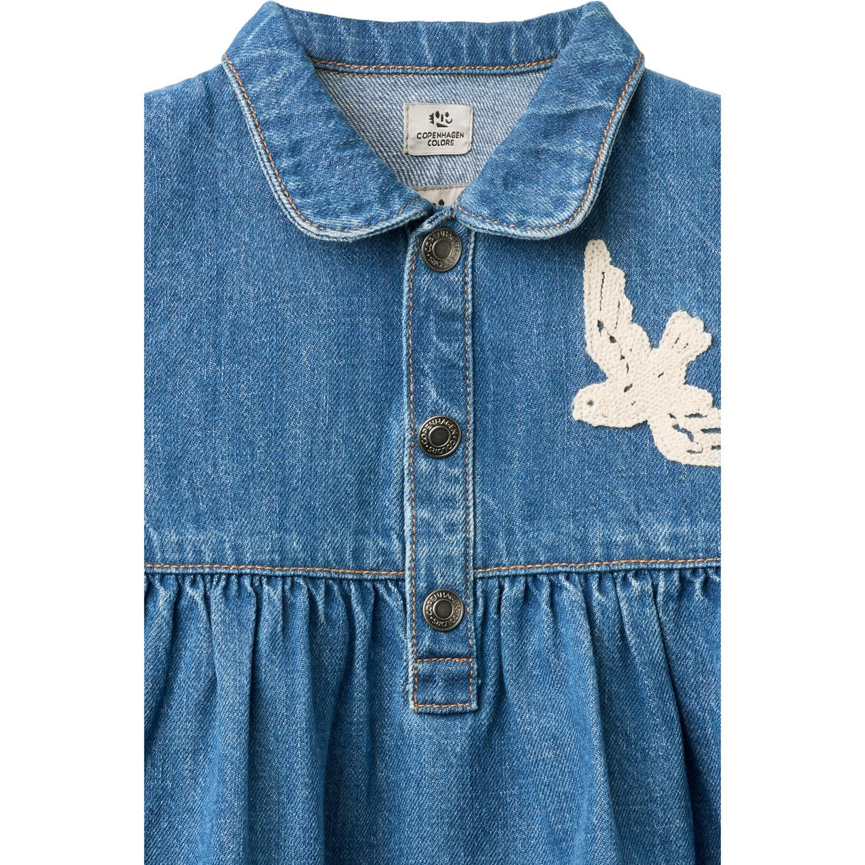 COPENHAGEN COLORS Indigo Blue Washed Denim Dress W. Crochet Doves