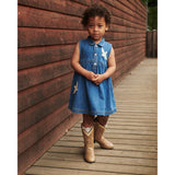 COPENHAGEN COLORS Indigo Blue Washed Denim Dress W. Crochet Doves
