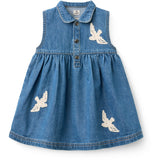 COPENHAGEN COLORS Indigo Blue Washed Denim Dress W. Crochet Doves