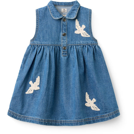 COPENHAGEN COLORS Indigo Blue Washed Denim Dress W. Crochet Doves