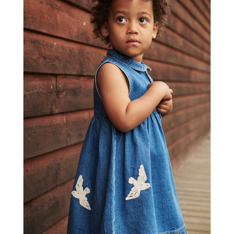 COPENHAGEN COLORS Indigo Blue Washed Denim Dress W. Crochet Doves