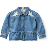 COPENHAGEN COLORS Indigo Blue Washed Denim Frill Jacket W. Crochet Doves