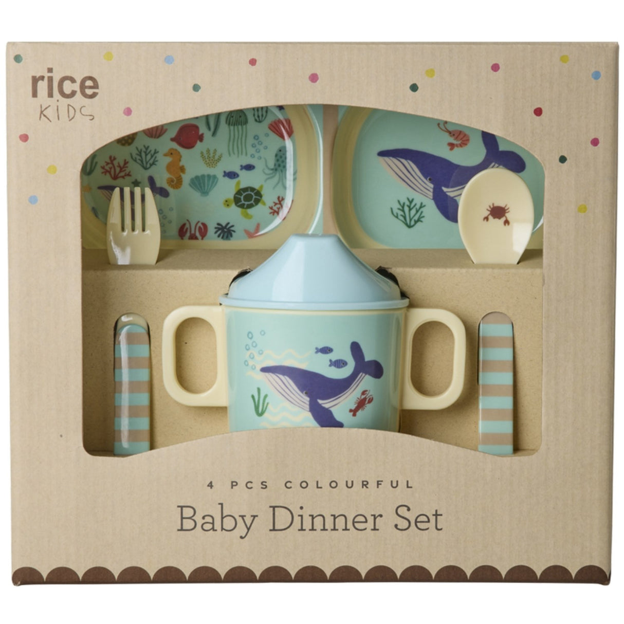 Rice Melamine Baby Dinner Set In Gift Box - Blue Ocean Print - 4 Pcs
