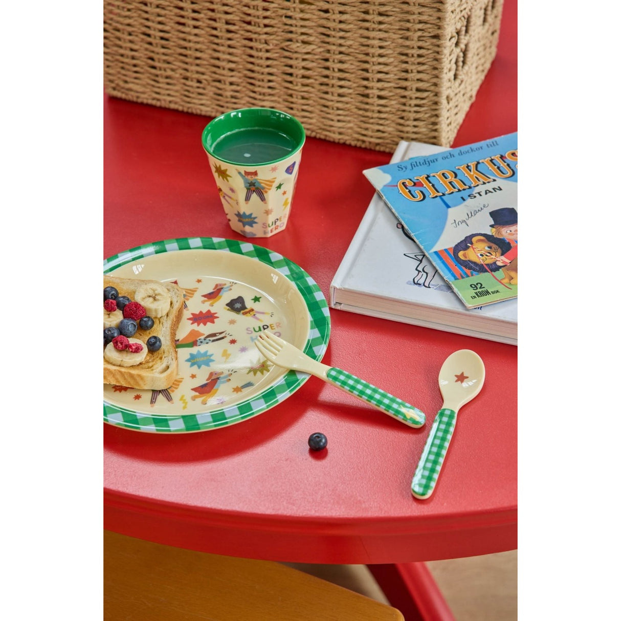 Rice Kids Melamine Spoon And Fork With Hero Print - Green