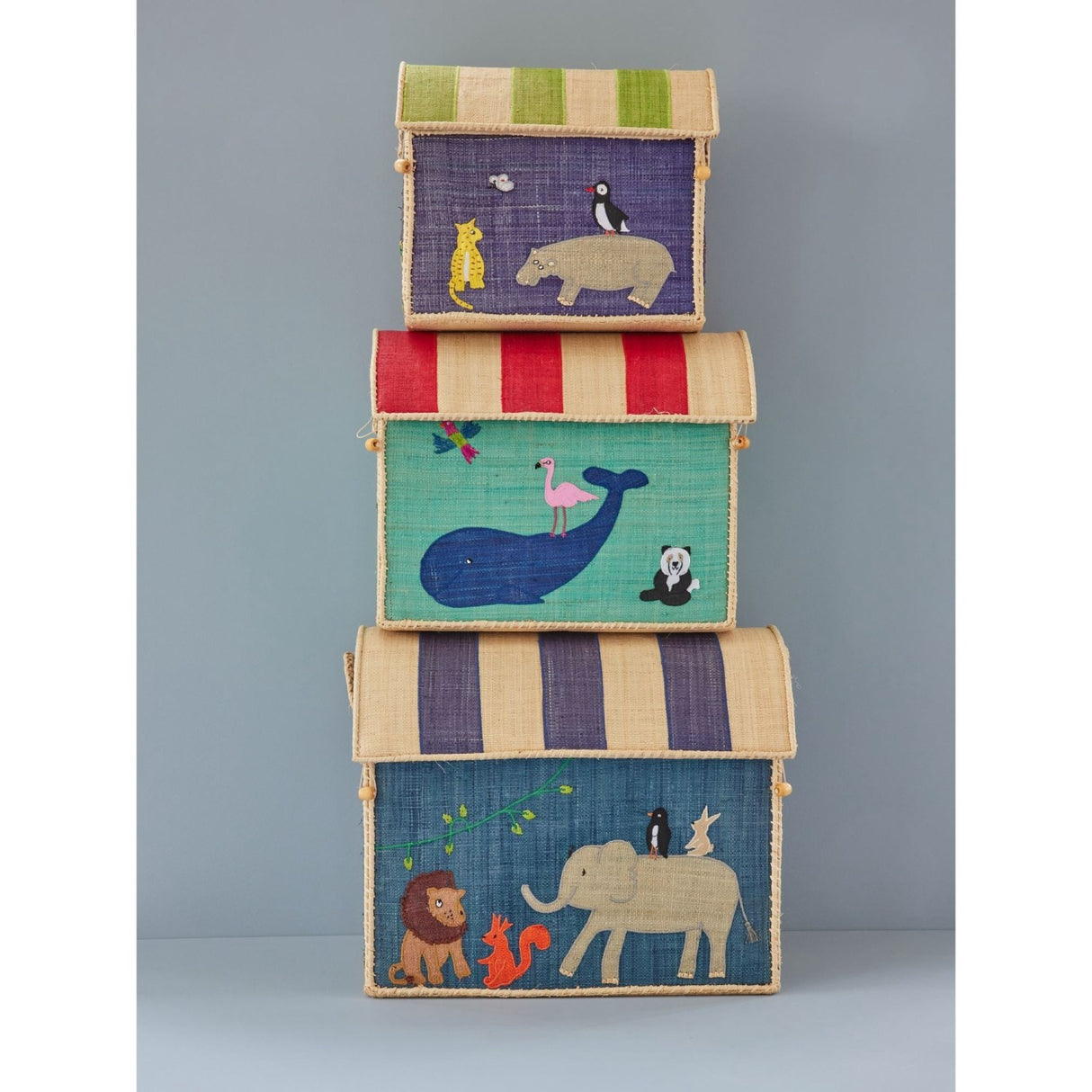 Rice Raffia Toy Baskets With Animal Theme - Set Of 3
