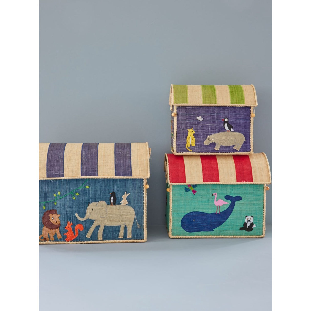 Rice Raffia Toy Baskets With Animal Theme - Set Of 3