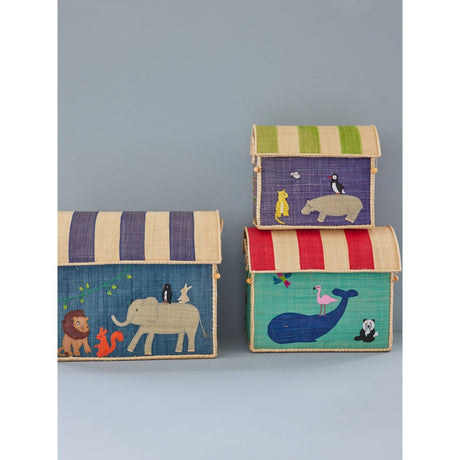 Rice Raffia Toy Baskets With Animal Theme - Set Of 3