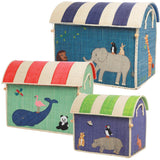 Rice Raffia Toy Baskets With Animal Theme - Set Of 3