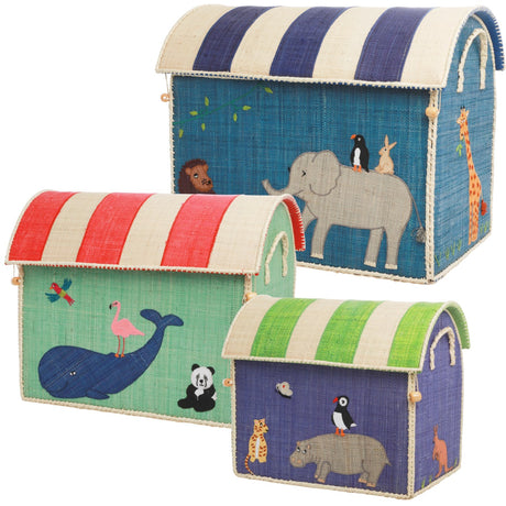 Rice Raffia Toy Baskets With Animal Theme - Set Of 3