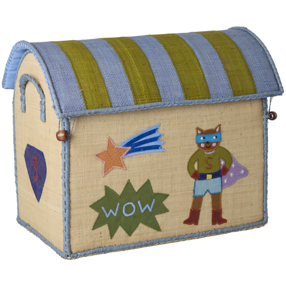 Rice Raffia Toy Baskets With Hero Theme - Blue - Set Of 3