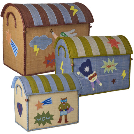 Rice Raffia Toy Baskets With Hero Theme - Blue - Set Of 3