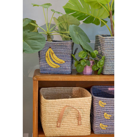 Rice Raffia Square Basket With Big Banana Embroidery And Raffia Handles - Small