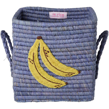Rice Raffia Square Basket With Big Banana Embroidery And Raffia Handles - Small