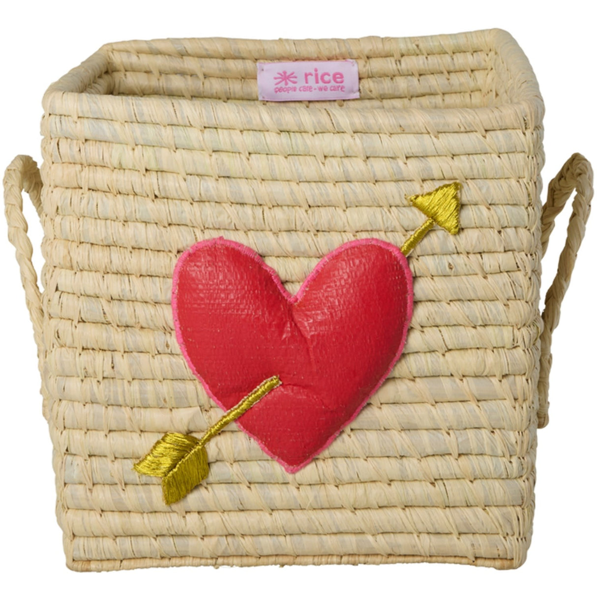 Rice Raffia Square Basket With 3D Heart And Raffia Handles - Small