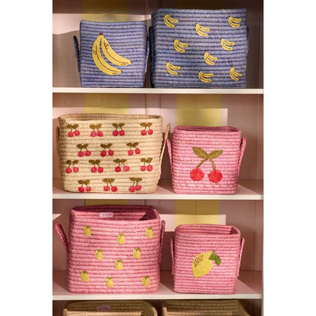 Rice Raffia Square Basket With Big Lemon Embroidery And Raffia Handles - Small