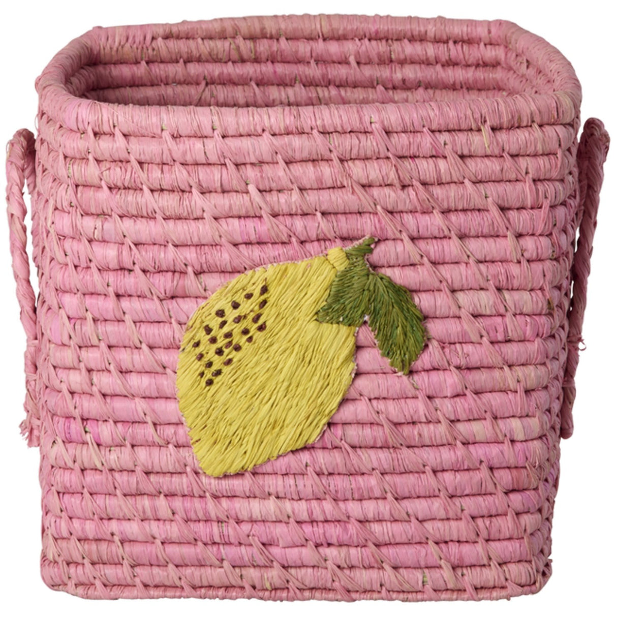 Rice Raffia Square Basket With Big Lemon Embroidery And Raffia Handles - Small