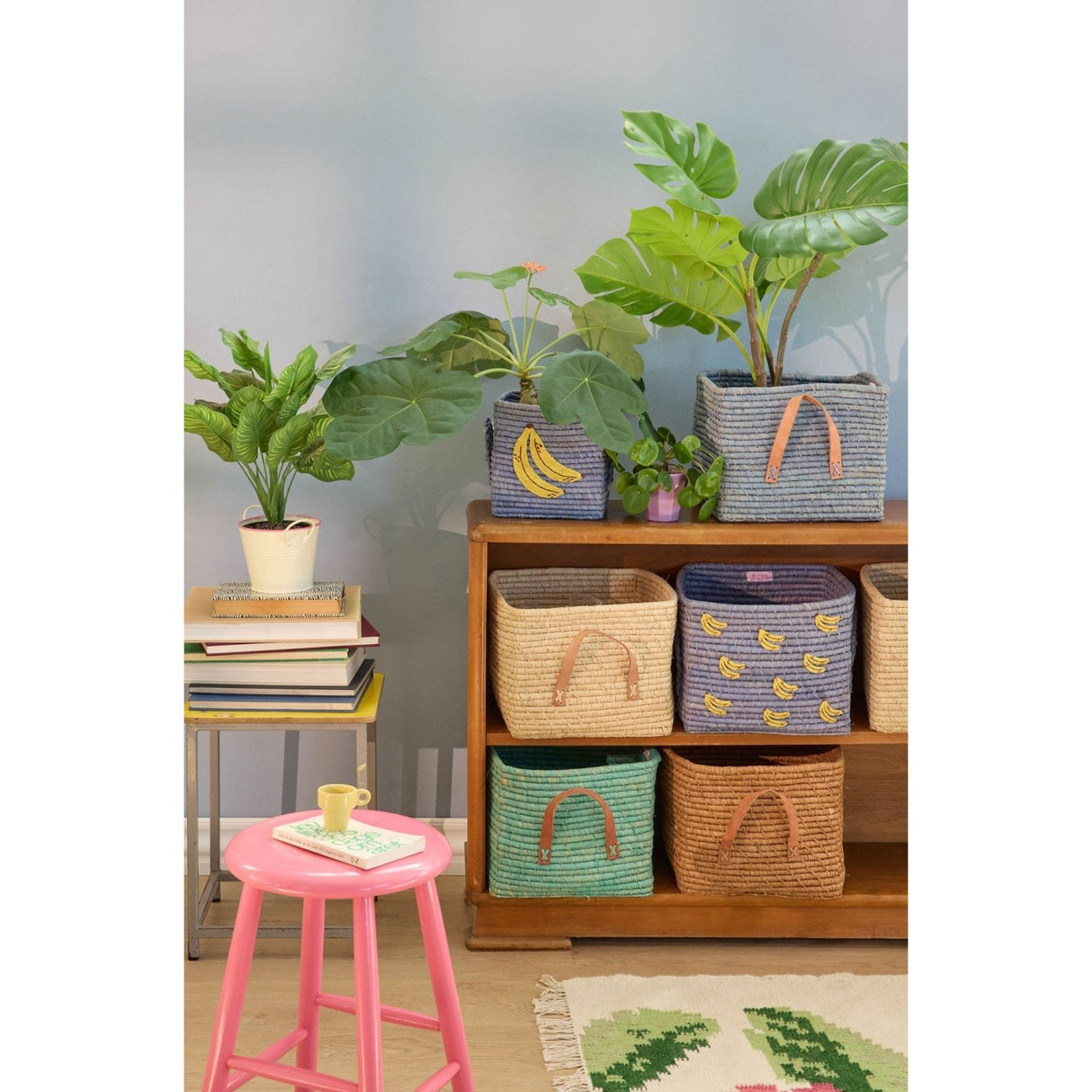 Rice Raffia Square Basket With Bananas All Over Embroidery And Raffia Handles