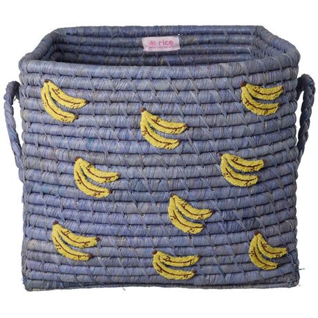 Rice Raffia Square Basket With Bananas All Over Embroidery And Raffia Handles