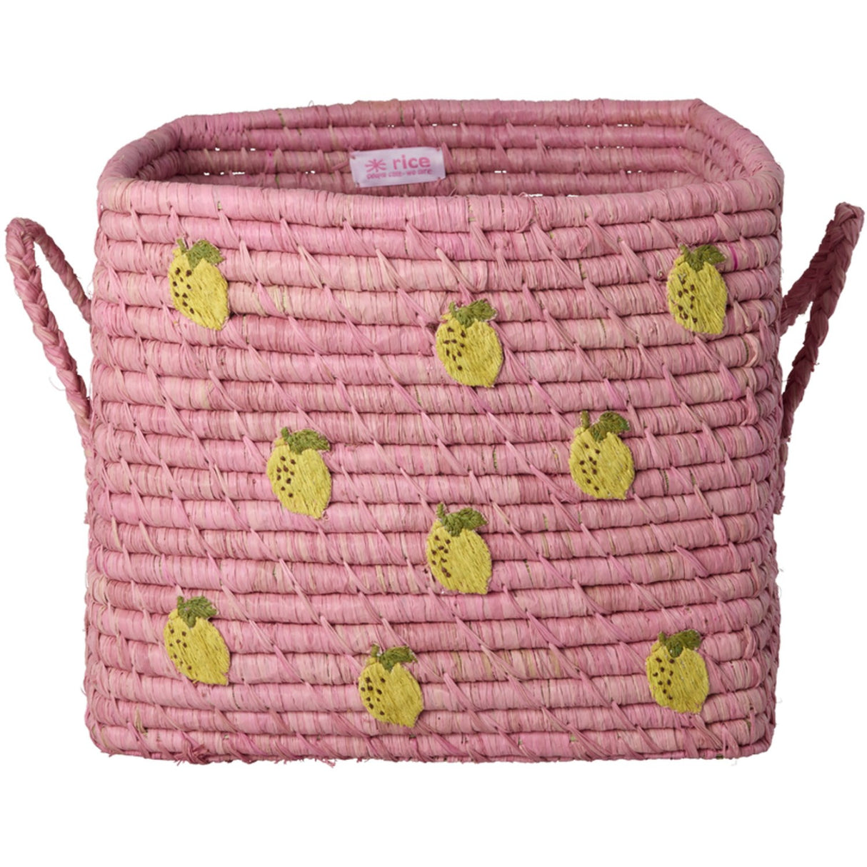 Rice Raffia Square Basket With Small Lemons All Over Embroidery And Raffia Handles