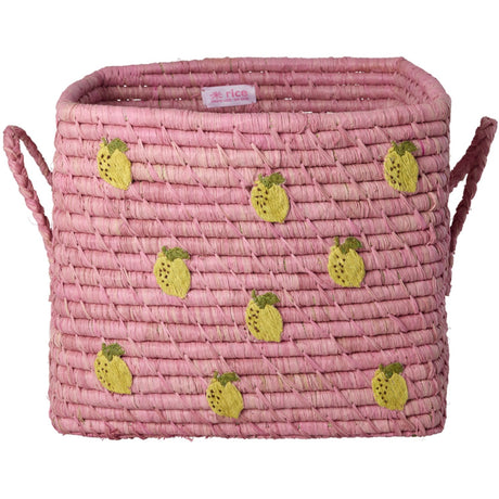 Rice Raffia Square Basket With Small Lemons All Over Embroidery And Raffia Handles