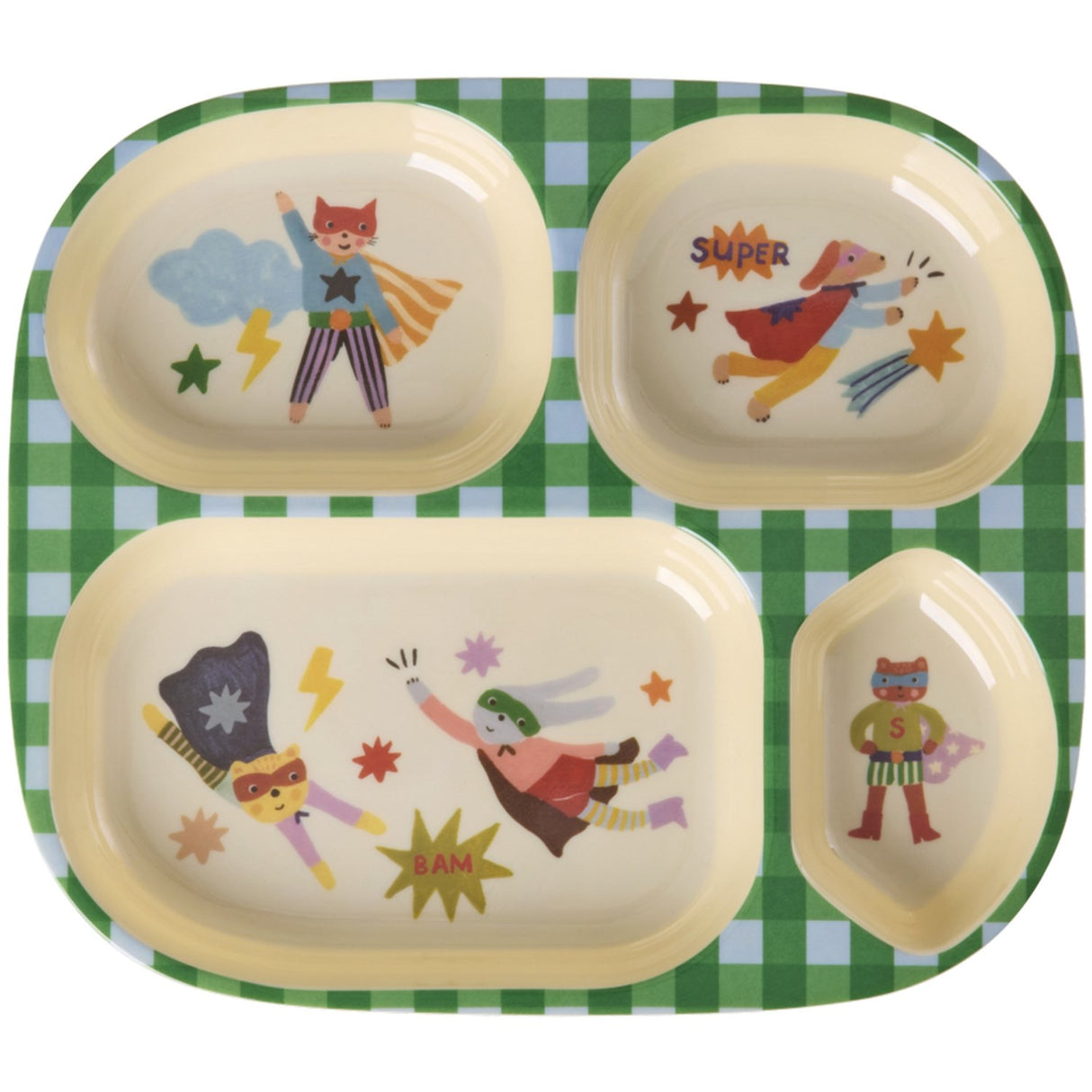 Rice Melamine Kids 4 Room Plate With Hero Print - Green