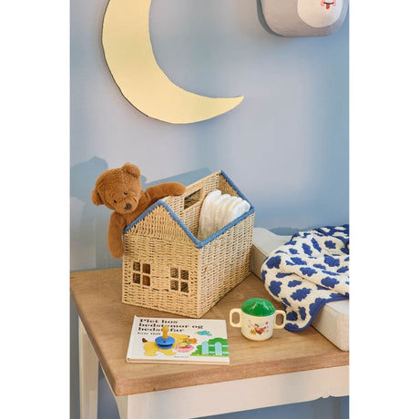 Rice Paper Rope Magazine Holder In House Shape With Blue Details