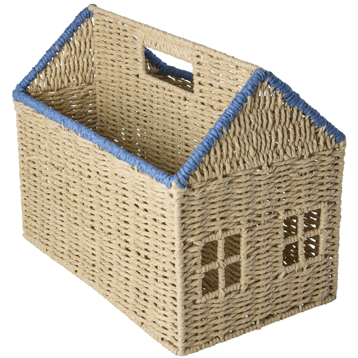 Rice Paper Rope Magazine Holder In House Shape With Blue Details