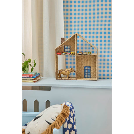 Rice Paper Rope Shelf In House Shape With Blue Details