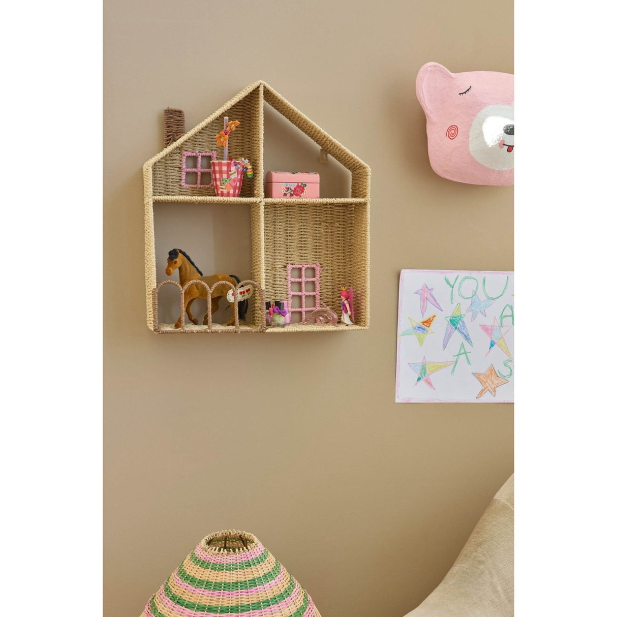 Rice Paper Rope Shelf In House Shape With Pink Details
