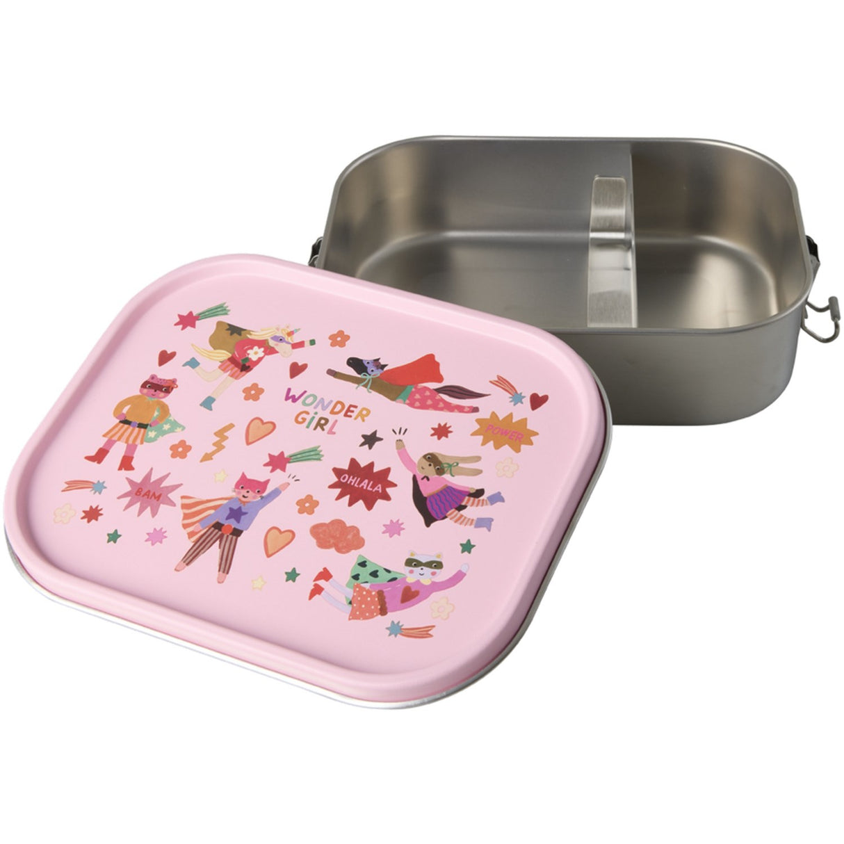 Rice Stainless Steel Lunchbox With Moveable Divider And Hero Print - Pink - Large - 1400 Ml