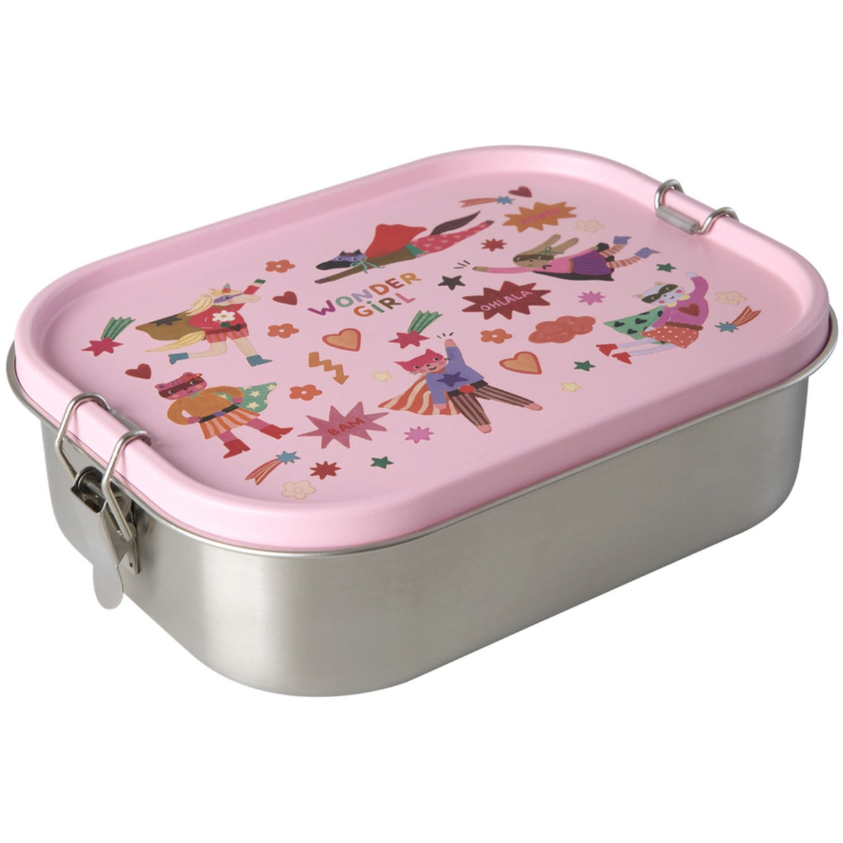 Rice Stainless Steel Lunchbox With Moveable Divider And Hero Print - Pink - Large - 1400 Ml