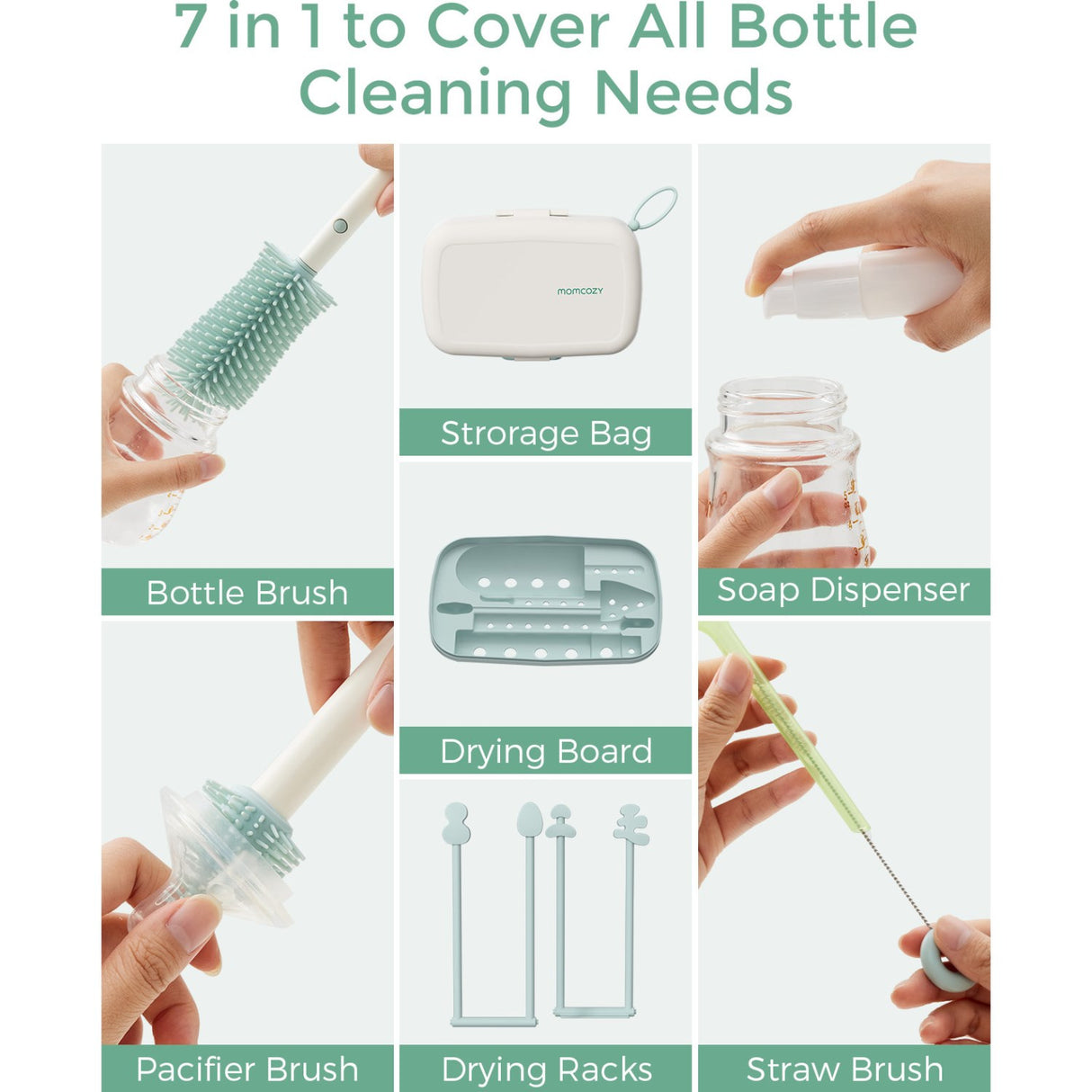 Momcozy Green 7 In 1 Baby Bottle Brush Set