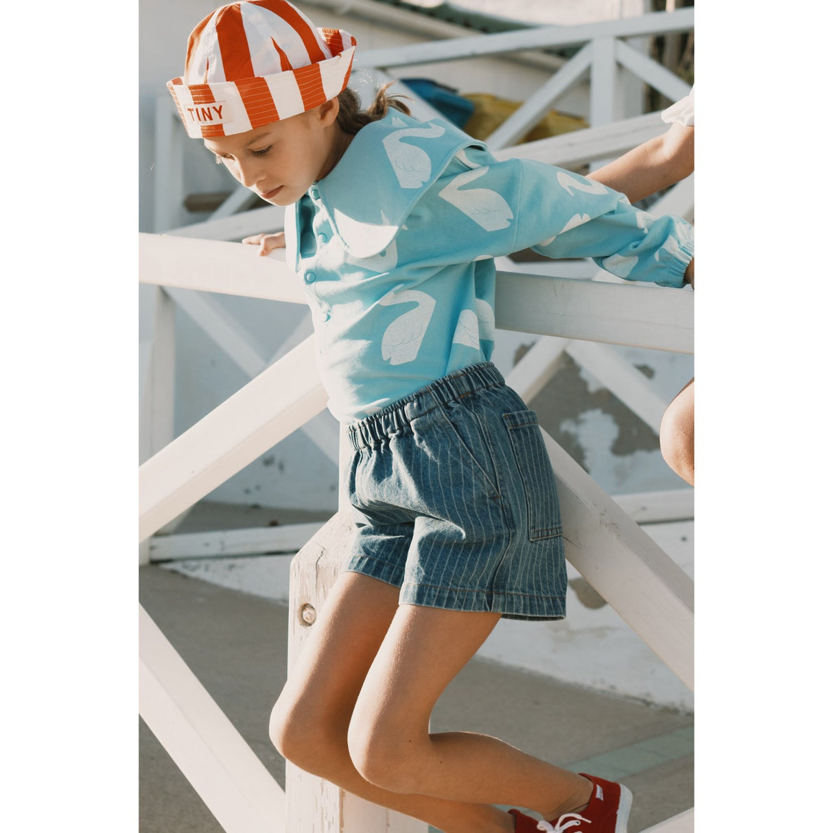 TinyCottons Light Wash Denim Stripes Denim Shorts