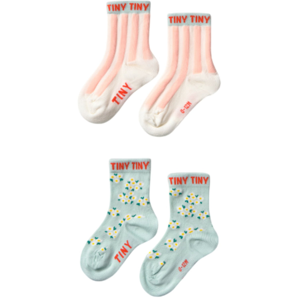TinyCottons Pale Mint/off White Pink Stripes & Blossom Medium Socks