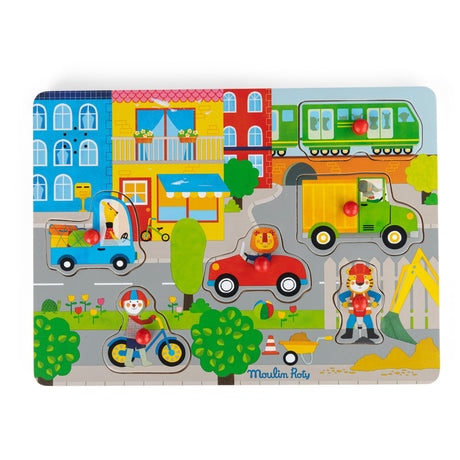 Moulin Roty Knob Puzzle with Sound 6 Fractions - The City - Les Popipop