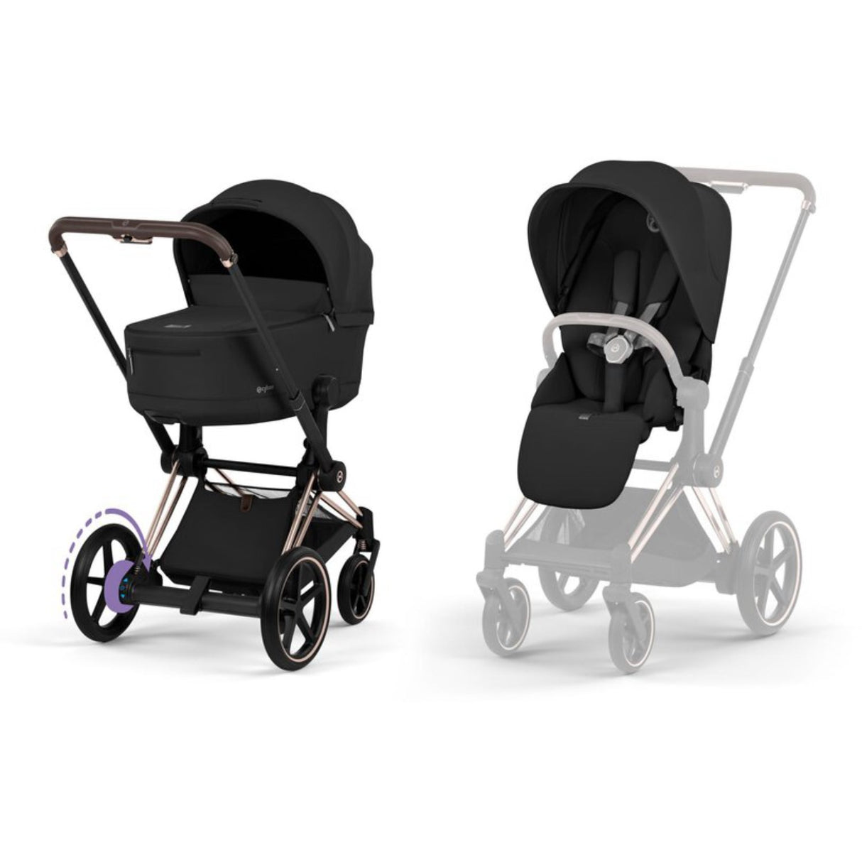 Cybex Sepia Black/Black Epriam Comfort Rosegold Inklusiv Foldbar Liggedel