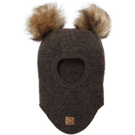 Mikk-Line Dark Brown Melange Wool Balaclava with Pom Pom
