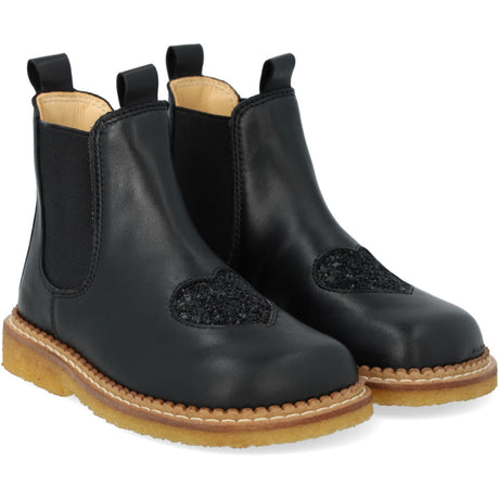 Angulus Black/Black Glitter/Black Elastic Chelsea Boot With Hjerte