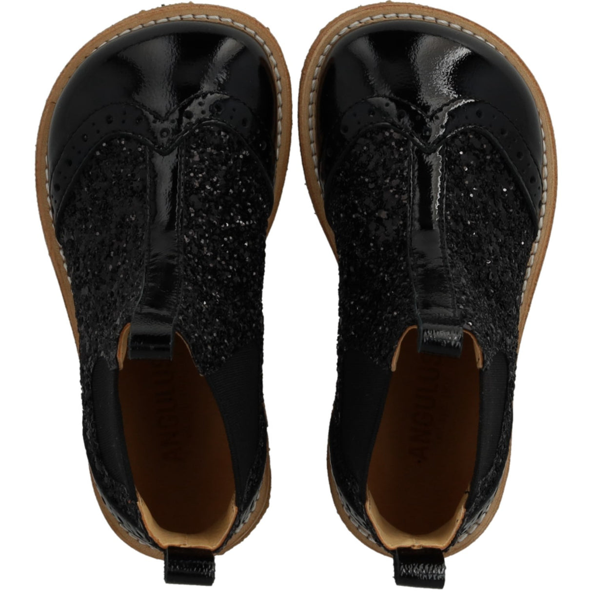 Angulus Black/Black Glitter/Black Elastic Chelsea Boot With Glitter Og Brogues Detaljer