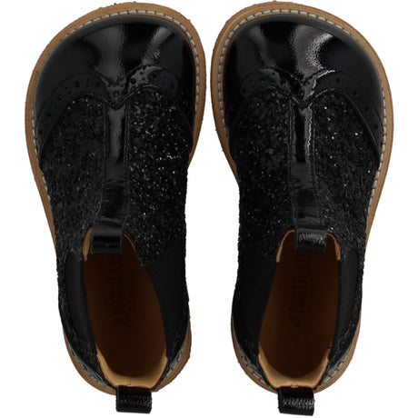 Angulus Black/Black Glitter/Black Elastic Chelsea Boot With Glitter Og Brogues Detaljer
