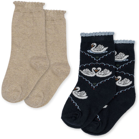 Konges Sløjd Navy/Off White 2 Pack Jacquard Swan Socks