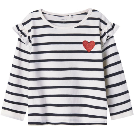 Name It Bright White Dark Sapphire + Grenadine Heart Nmftovelina Ls Nreg Top Noos