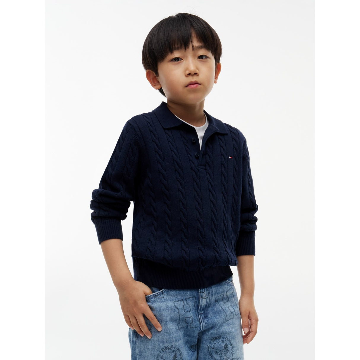 Tommy Hilfiger Dark Blue-Blue Cotton Cable Polo Sweater