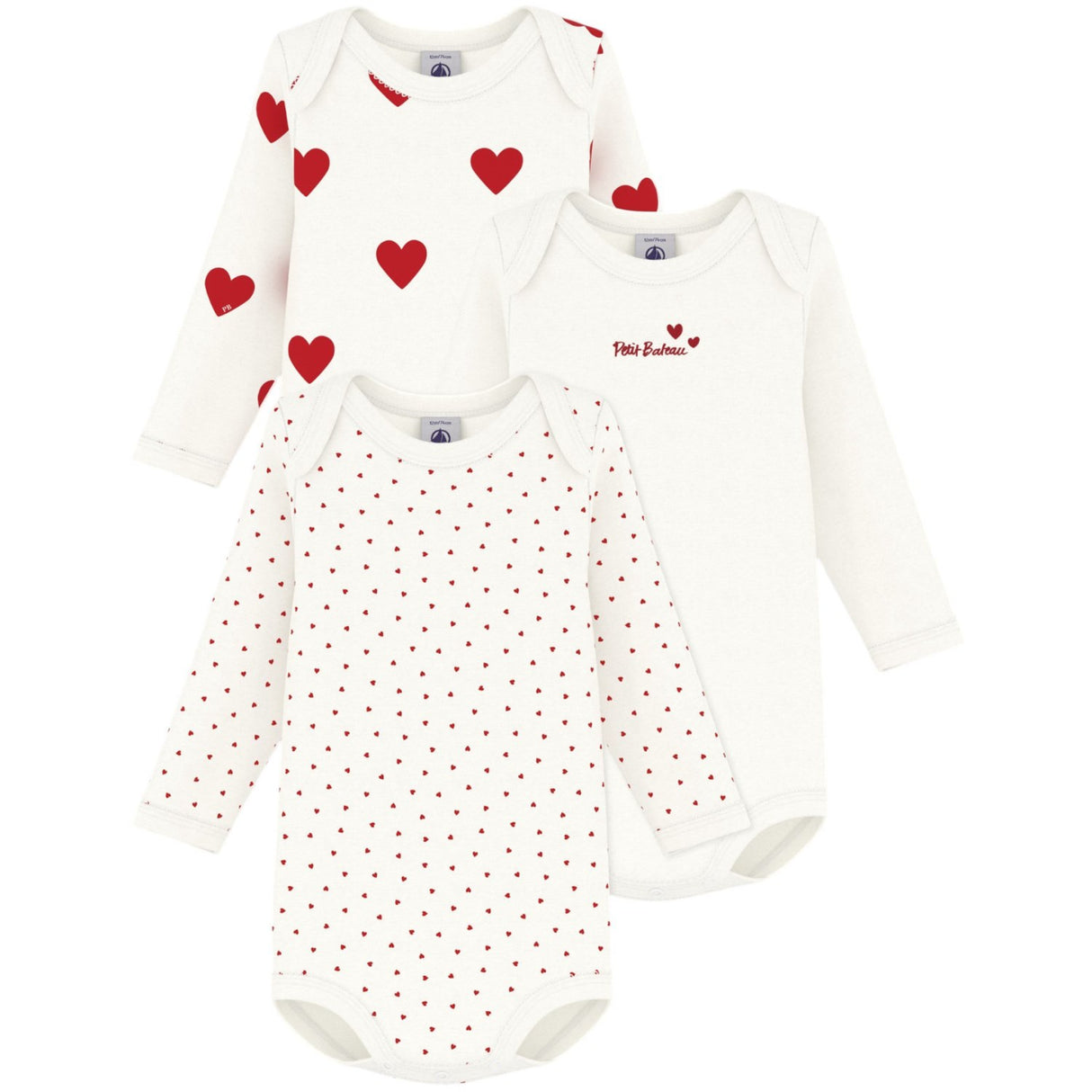 Petit Bateau Hearts/White Long Sleeve Body 3-Pack
