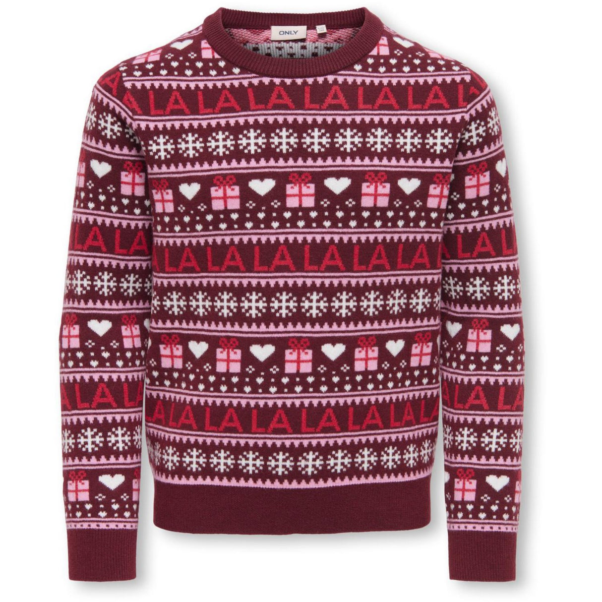 kids ONLY Cabernet Salsa/Sea Pink/Cloud Dancer Kogxmas Present Ls O-Neck Box Knt