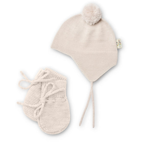 COPENHAGEN COLORS Pale Cream Melange Merino Knitted Baby Bonnet W. Pompom + Baby Mittens