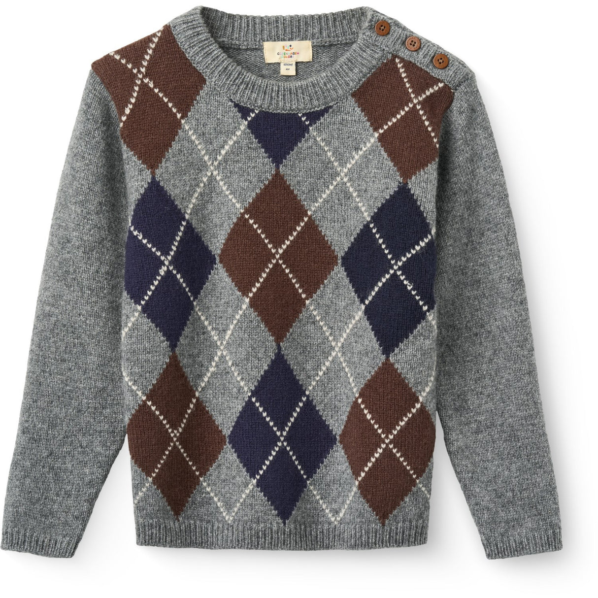 COPENHAGEN COLORS Grey Mel./Dk. Brown/Navy Comb. Argyle Knitted Pullover